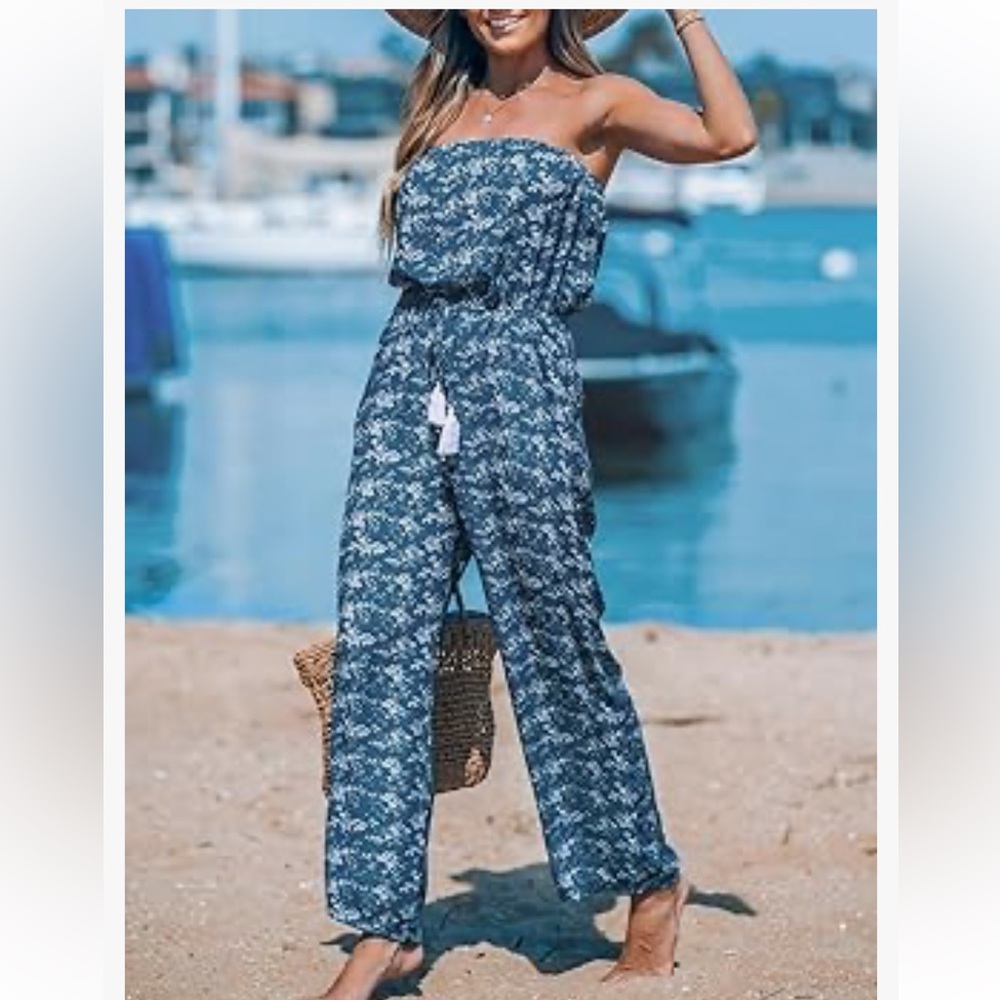 CUPSHE Women's Jumpsuit Tube Top Sleeveless Overall Straight Leg Outfit Sz Med